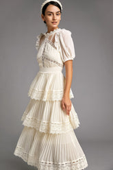 - Beige Mesh Lace Trim Pleated Tiered Maxi Dress