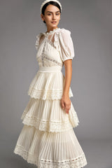 - Beige Mesh Lace Trim Pleated Tiered Maxi Dress