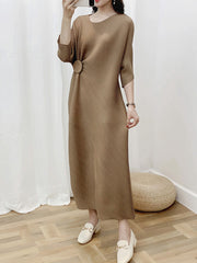 Half Sleeves Irregular Clipping Pleated Solid Color Round-Neck Midi Dresses