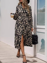 Long Sleeves Loose Printed Split-Joint Tied Waist Lapel Midi Dresses Shirt Dress