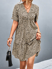Flower Print Split-Joint Short Sleeves V-Neck Mini Dresses