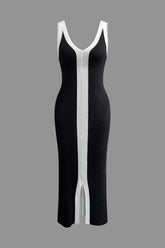 Contrast V-neck Slit Knit Midi Dress