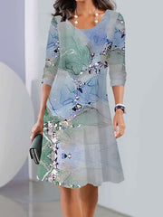 Long Sleeves Flower Print Multi-Colored Printed Round-Neck Midi Dresses