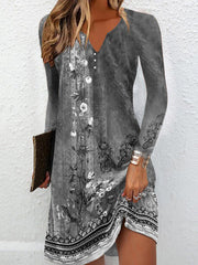 Floral Printed Long Sleeves Loose V-Neck Mini Dresses