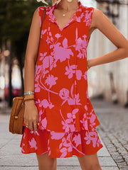 Falbala Printed Split-Joint Tied Tiered A-Line High Waisted V-Neck Mini Dresses