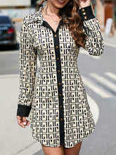 Long Sleeves Buttoned Contrast Color Printed Lapel Mini Dresses