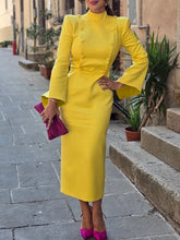 Buttoned Solid Color Flared Sleeves High Waisted Mock Neck Midi Dresses