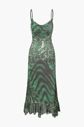 Leopard Print Mesh Ruffle Hem Maxi Dress