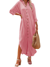 Casual Long Sleeves Solid Color Lapel Collar Midi Dresses