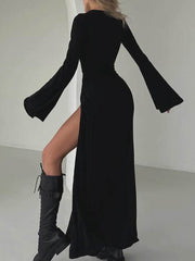 Long Sleeves Loose Asymmetric Solid Color Split-Joint Split-Side Round-Neck Maxi Dresses