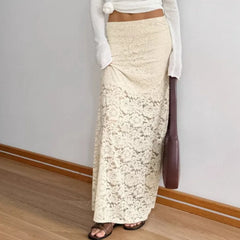 Elegant Lace See-through Long Skirt Women's Sexy Patchwork Skirt Solid Casual Loose High Waist Slim Retro Long Skirt Y2k
