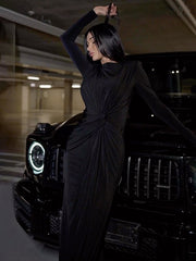 Solid Color Long Sleeves Mermaid Round-neck Maxi Dresses Evening Dresses