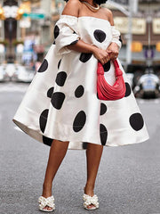 Polka-Dot Split-Joint A-line Loose Off-the-shoulder Midi Dresses