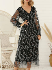 Long Sleeves Loose Gauze Pockets See-Through Sequined Split-Joint V-Neck Evening Dresses Midi Dresses
