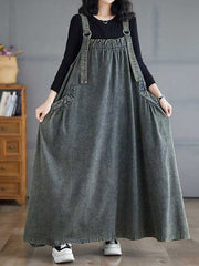 A-Line Loose Pleated Pockets Solid Color Split-Joint Spaghetti-Neck Suspender Dress