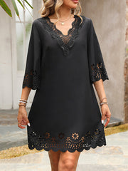 A-Line Half Sleeves Hollow Solid Color Split-Joint V-Neck Mini Dresses