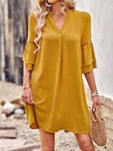 Loose Short Sleeves Falbala Solid Color V-Neck Mini Dresses