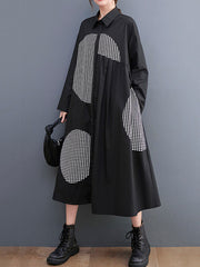 Vintage Loose Long Sleeves Buttoned Printed Polka-Dot Lapel Collar Midi Dresses