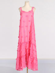 A-Line High Waisted Layered Pleated Split-Joint Three-Dimensional Flower Spaghetti-Neck Maxi Dresses