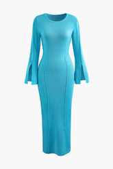 Round Neck Bell Sleeve Seam Detail Knit Maxi Dress