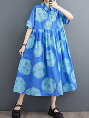 Polka-Dot Loose Short Sleeves Lapel Collar Midi Dresses
