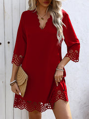 Hollow Solid Color A-Line Loose V-Neck Mini Dresses