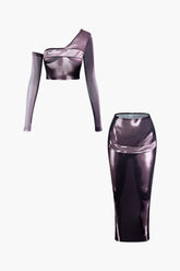 Body Print Asymmetrical Long Sleeve Top And Midi Skirt Set