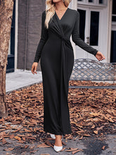 Bodycon Long Sleeves Bowknot Solid Color V-neck Maxi Dresses