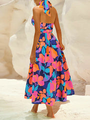 Pleated Printed Split-Joint A-Line Loose Halter-Neck Midi Dresses