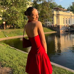 Fashion Pleated Halter Mini Dress For Women A-Line Hem Sexy Slim Fit Evening Party Dress Female High Waisted PatchworkChristmas Gifts