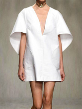 Half Sleeves Loose Solid Color Deep V-Neck Mini Dresses