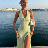 Deep V-Neck Backless Long Dress Sexy Women's Split Slip Knitted Dresses Elegant Sleeveless Beach Party Halter OutfitsChristmas Gifts