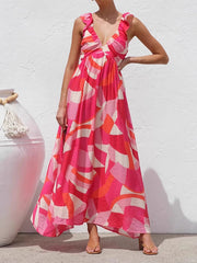 Flower Printed Sleeveless V-Neck Ruffled Elegant Maxi Dresses