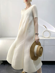 Pleated Solid Color Split-Joint Loose Short Sleeves V-Neck Midi Dresses