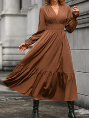 Elasticity Pleated Solid Color A-Line Flared Sleeves V-Neck Midi Dresses