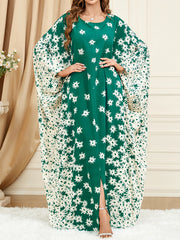 Batwing Sleeves Loose Flower Print Muslim Split-Front Round-Neck Maxi Dresses