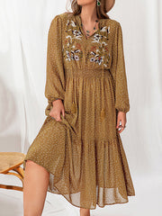 Vacation Puff Sleeves A-Line Printing Deep V-Neck Bohemia Dresses
