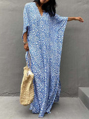 Leopard Split-Side Sun Protection Batwing Sleeves Loose V-Neck Maxi Dresses Cover-Ups Swimwear