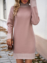 Long Sleeves Loose Contrast Color Split-Joint Mock Neck Mini Dresses Sweater Dresses
