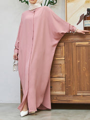 Buttoned Muslim Solid Color Split-Side Batwing Sleeves Loose Round-Neck Muslim Abaya Maxi Dresses