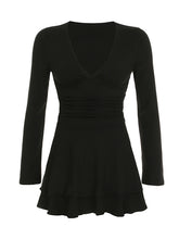 Deep V Long Sleeve Mini Dress In Black