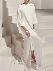 Loose Three-Quarter Sleeves Solid Color Split-Side Boat Neck Maxi Dresses