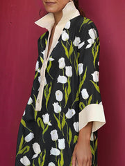 Buttoned Flower Print A-line Loose Stand Collar Mini Dresses