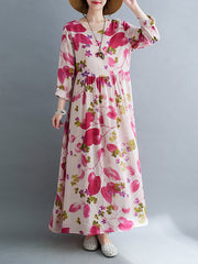 Long Sleeves Loose Flower Print Split-Joint Round-Neck Midi Dresses