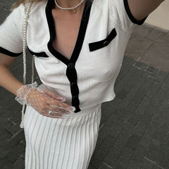 Fashion Knitted Two Piece Sets Women's Autumn Short Sleeve Sweaters Sexy Top and Long Skirts Matching Sets Contrast Color