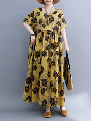 Pleated Printed Split-Joint Loose Short Sleeves Round-Neck Midi Dresses