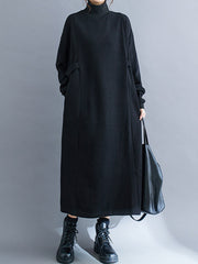 Solid Color A-Line Long Sleeves Mock Neck Midi Dresses