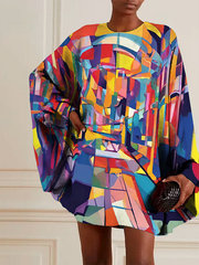 Buttoned Hollow Printed Batwing Sleeves Long Sleeves Round-neck Mini Dresses