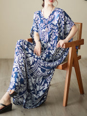 Floral Printed Loose Short Sleeves V-neck Maxi Dresses
