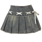 Fairy Grunge Lace Up Denim Pleated Skirt